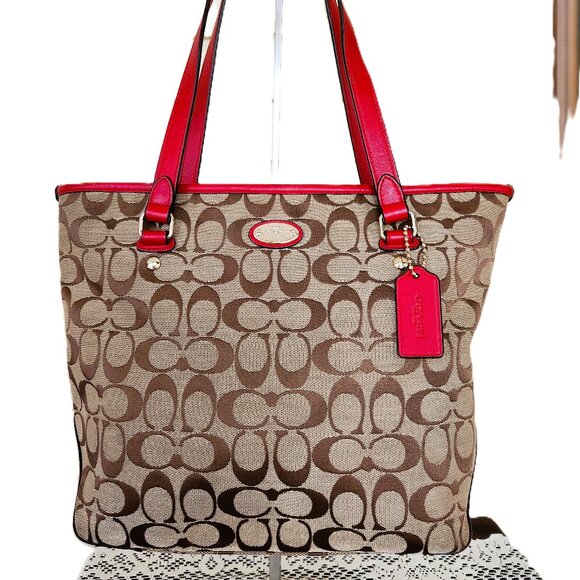 Coach Handbags - Coach Signature Khaki & Red Leather Medium Handbag Satchel Purse